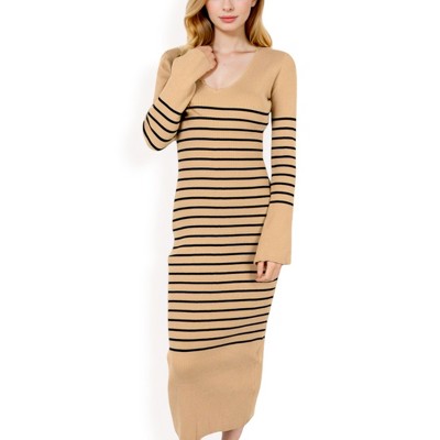 Anna-Kaci Women's Striped Knit Midi Dress with Long Sleeves and Ribbed Texture