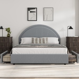 Modern Boucle Upholstered Platform Bed Frame with 2 Storage Drawers - Rounded Headboard - 1 of 4