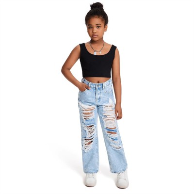 Clotth Girls Ripped Denim Pants Casual High Waist Distressed Baggy Jeans Straight Girls Snowflake Washed Wide Leg Trousers 8-13Y, Light blue