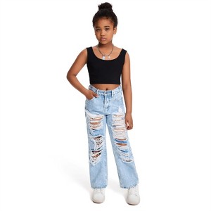 Clotth Girls Ripped Denim Pants Casual High Waist Distressed Baggy Jeans Straight Girls Snowflake Washed Wide Leg Trousers 8-13Y, Light blue - 1 of 4