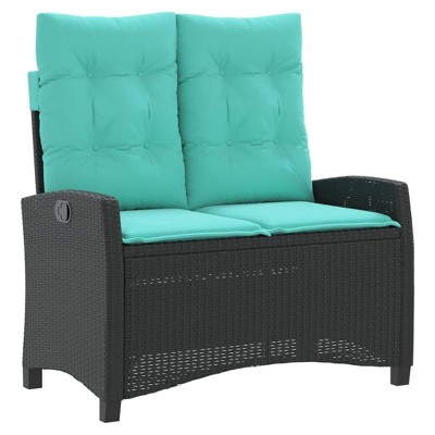 vidaXL Reclining Patio Bench with Cushions, Outdoor Garden Furniture, Adjustable Backrest, Weather-Resistant Poly Rattan, Black and Turquoise