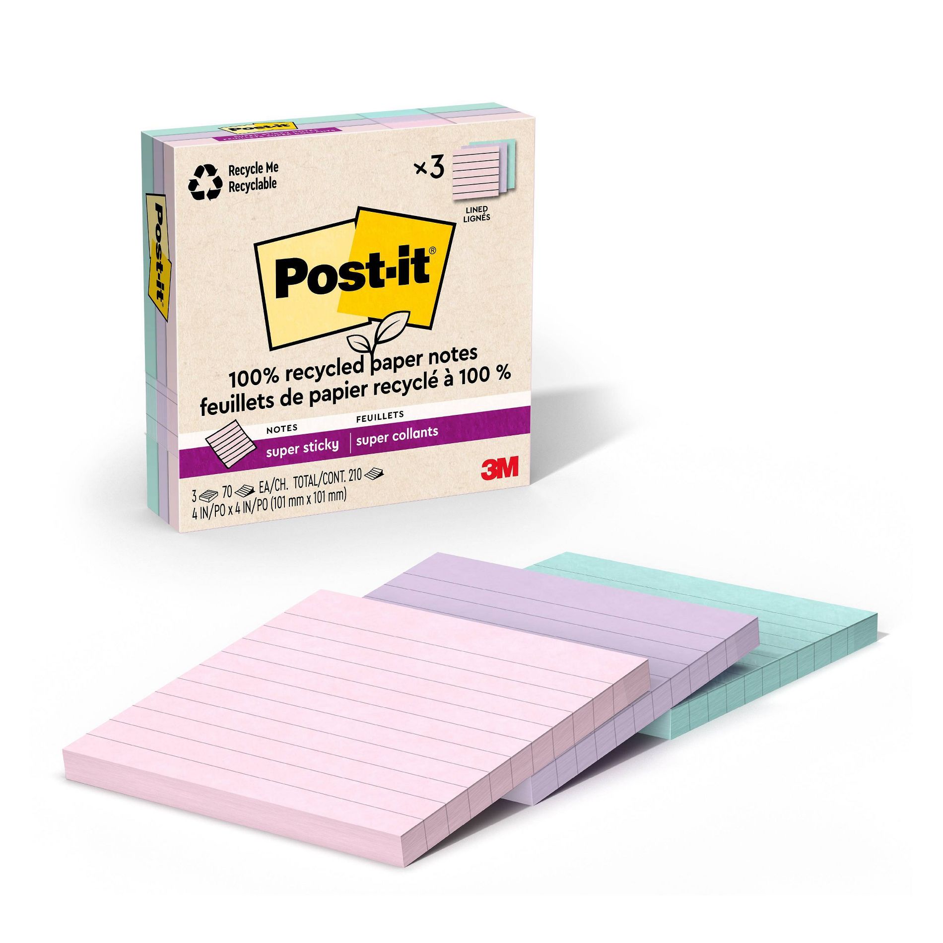 Post-it Recycled Super Sticky Notes 4"x4" Pastels: 100% Recycled Paper, 0.3 Inch Rule, Multicolored, 210 Sheets