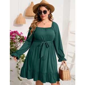 YesFashion Women's Casual Plus Size Square Neck Dress Short Sleeve Dress High Waist Ruffle Summer Midi Dress with Belt - 1 of 4