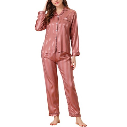 cheibear Women's Satin Soft Button Down Sleepwear with Pants Lounge Pajama  Set Pink X-Small