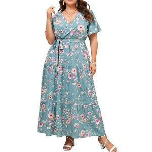 YESFASHION Women Plus Size Wrap Dress High Waist Short Sleeve Ruffle Casual Summer Maxi Dresses with Belt - 1 of 4