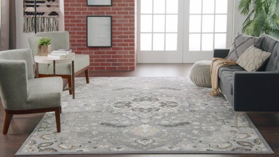 Ivory Blue Floral Medallion 8' x 10' Synthetic Rug