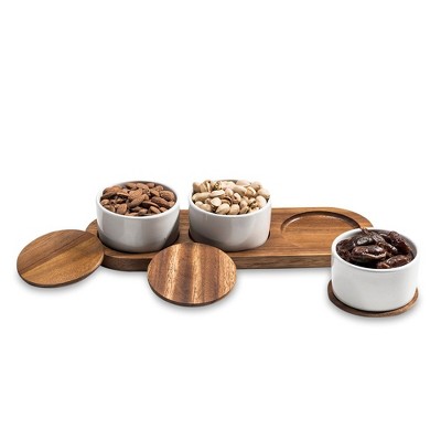 White Ceramic Condiment Set with Acacia Wood Base and Lids