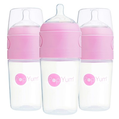 PopYum 9oz Anti-Colic Baby Bottle for Breast and Formula Feeding, 3-Pack, Pink, #2 Medium Flow Nipples