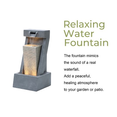 Gray Resin 2-Column Sculpture Outdoor Fountain with LED Lights