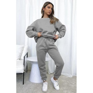 Mocamel Women's Solid Color Simple Tracksuit， Loose Fit Long Sleeve Top and Pants Set - 1 of 4