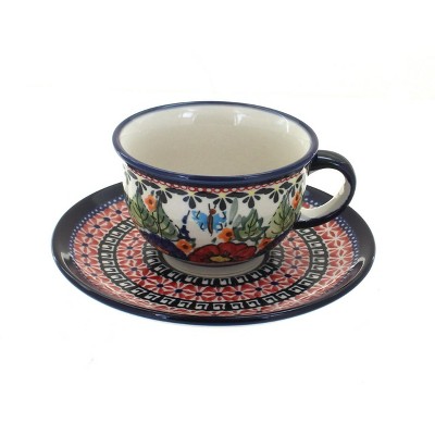 Blue Rose Polish Pottery Floral Butterfly Cup & Saucer