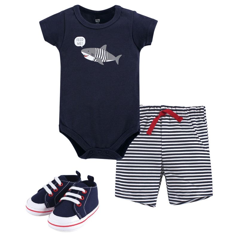 Hudson Baby Infant Boy Cotton Bodysuit, Shorts and Shoe 3pc Set, Blue Shark, 1 of 6