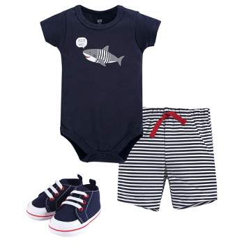 Hudson Baby Infant Boy Cotton Bodysuit, Shorts and Shoe 3pc Set, Blue Shark