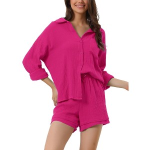 cheibear Women's Button Down Long Sleeve Sleepwear Shirt with Shorts Casual Lounge Sets - 1 of 4