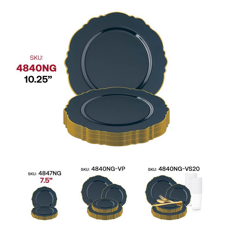 Smarty Had A Party 10.25" Navy with Gold Rim Round Blossom Disposable Plastic Dinner Plates (120 Plates), 5 of 7