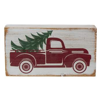 Northlight 6" White Wooden Christmas Sign with Vintage Red Truck and Tree