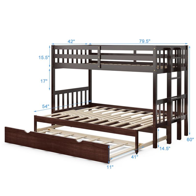 Costway Twin Over Twin Pull-Out Bunk Bed with Trundle Wooden Ladder White\Espresso, 3 of 11