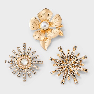 Geometric Flower with Center Stone Brooch Set 3pc - Gold