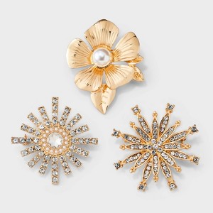 Geometric Flower with Center Stone Brooch Set 3pc - Gold - 1 of 3