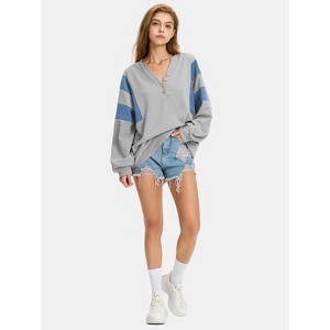 EXLURA Women's Oversized V Neck Henley Shirt Patchwork Color Block Sweatshirt Long Sleeve Button Pullover Tunic Tops - 1 of 4