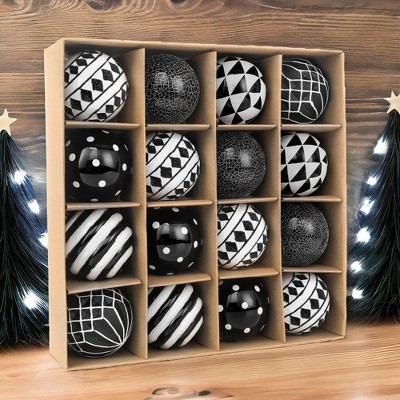 16pc Black and White Monochrome Christmas Bauble Ornament Set,Gothic Tree Ideas| OrnamentallyYou