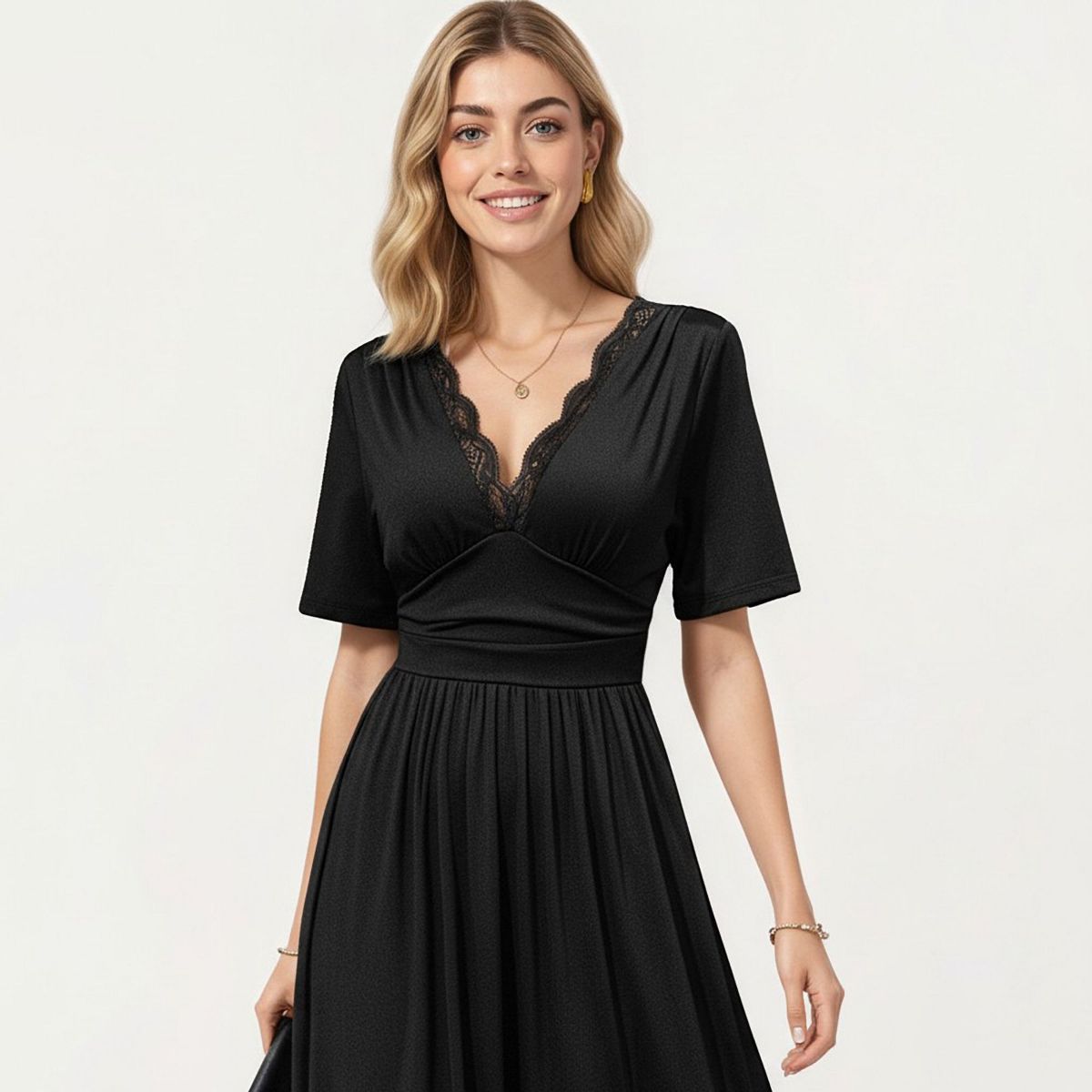 Anna-Kaci Short Sleeve Lace Trim Maxi Dress with V Neckline and Side Slit - thumbnail 4