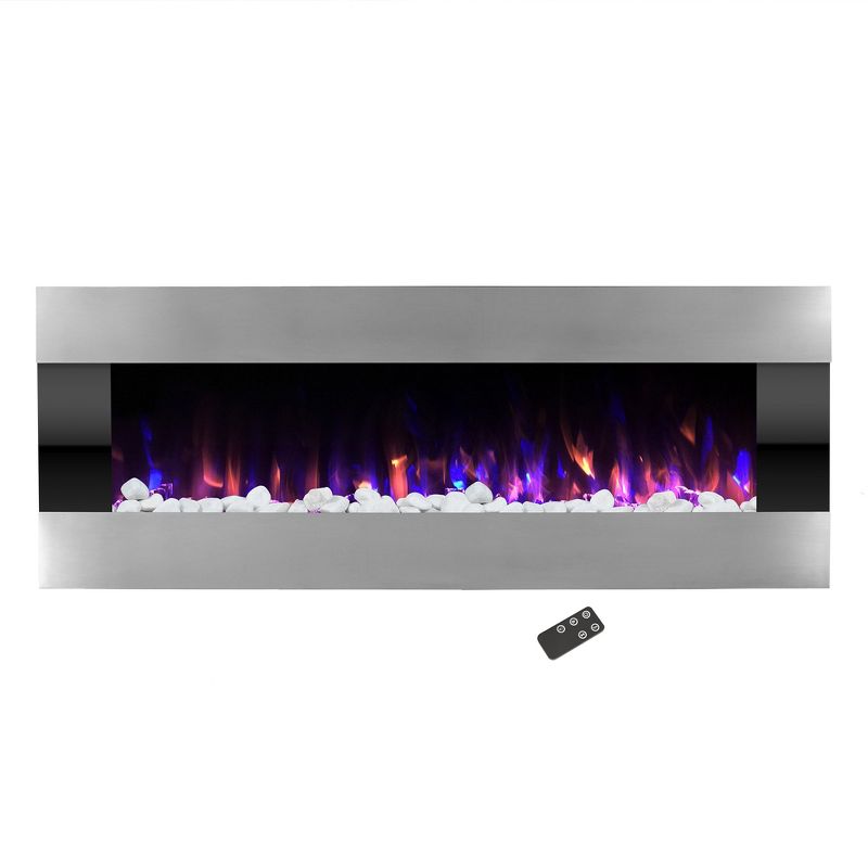 Wall-Mounted Electric Fireplace - Indoor LED Fireplace Heater with Remote, Crystals, and Adjustable Fire and Ice Flame Options by Northwest (Silver), 1 of 11