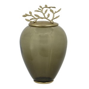 HomeRoots 14" Dark Green And Gold Glass And Metal Round Ginger Jar - 1 of 4