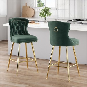 RISOKEYS Bar Stools Set of 2 - Velvet Counter Height Bar Chair with Metal Legs, Button Tufted and Nailhead Trim for Kitchen Island - 1 of 4