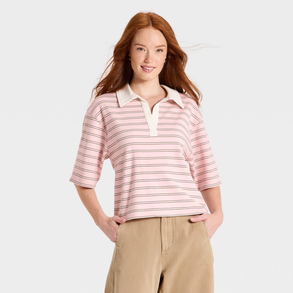 Women's Polo Striped Top - Universal Thread™ Pink L