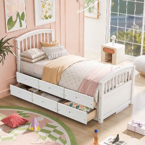 CAVINAS Twin Storage Bed Frame with 6 Drawers, Solid Pinewood Platform Bed, Bed with Headboards, Safe for Kids, No Box Spring Needed - 1 of 4