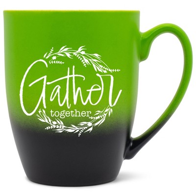 Elanze Designs Gather Together Wreath Two Toned Ombre Matte Green and Black 12 ounce Ceramic Stoneware Coffee Cup Mug