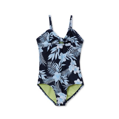 Lands' End Kids Chlorine Resistant Cutout One Piece Swimsuit - Large - Tropical Floral/Navy