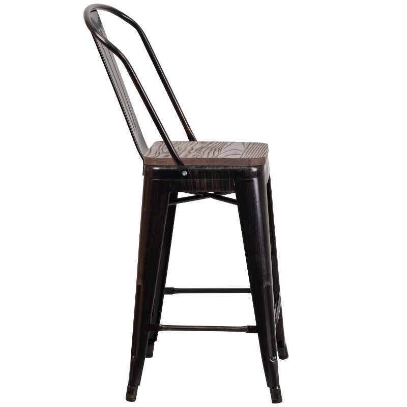 Merrick Lane Metal Dining Stool with Curved Slatted Back and Textured Wood Seat, 4 of 20