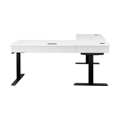 White Adjustable Height L-Desk with USB Ports and Drawer