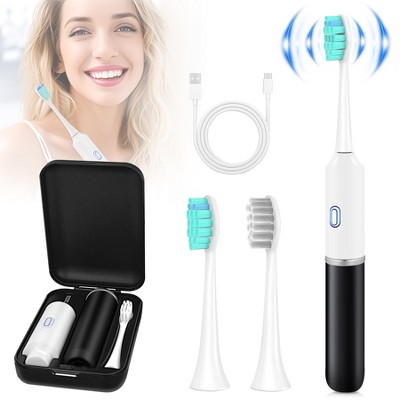 Portable Travel Electric Sonic Toothbrush Battery Operated, 2 Brush Heads Included - Black/White