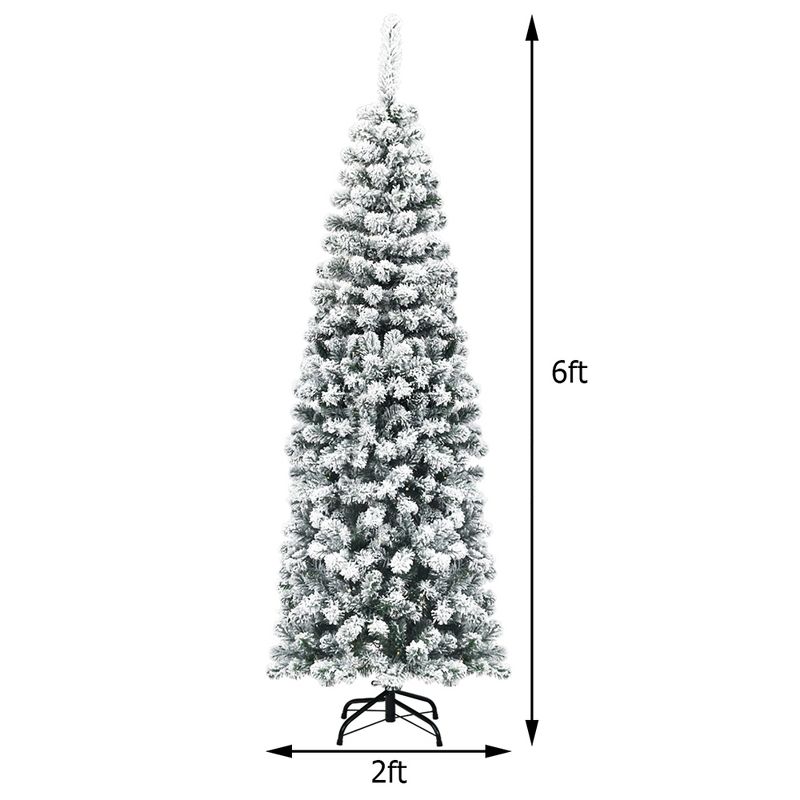 Costway 6Ft Unlit Hinged Snow Flocked Artificial Pencil Christmas Tree w/ 500 Branch Tip, 3 of 10