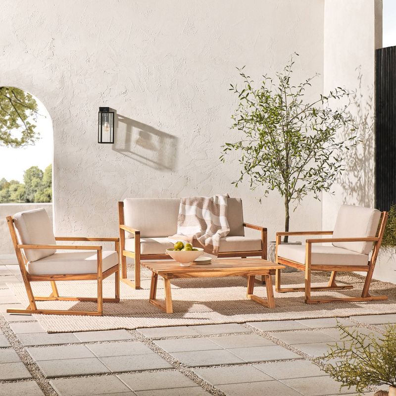 Saracina Home 4pc Modern Slat-Back Acacia Outdoor Conversation Set with Cushions Natural, 3 of 10