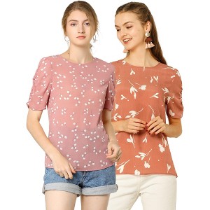 Allegra K Women's Floral Summer Crew Neck Casual Shirred Short Sleeve Blouse 2 Pcs - 1 of 4
