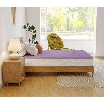 Bed with lavender egg-crate topper in bright room by window
