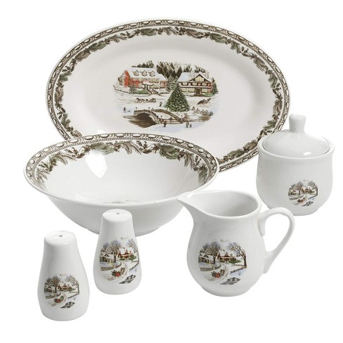 Gibson Home Christmas Toile 7 Piece Porcelain Serving Set In White