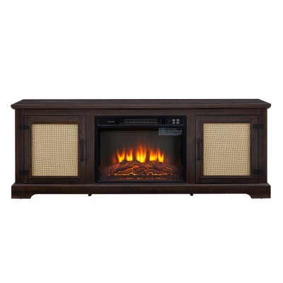 TV Stand, Rattan Door Cabinet With Wood Adjustable Shelf, TV Stand Console Table For TVs Up To 70 Inches, TV Stand With 23" Fireplace Insert, Gray