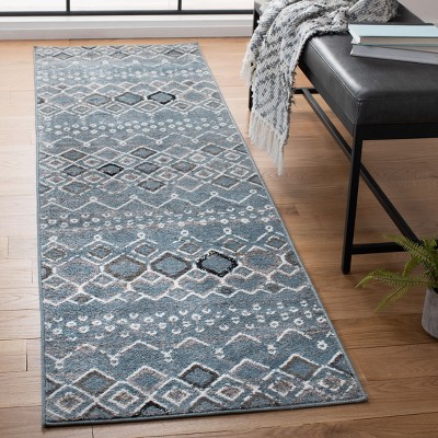 Blue and Ivory Geometric Hand-knotted Runner Rug