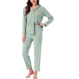 INSPIRE CHIC Women's Lounge Set Cotton Ribbed Button Up Long Sleeve Pants Pattern with Pocket Pajama Set Loungewear - 1 of 4