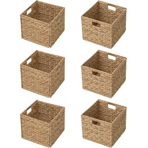 eHemco Large Square Woven Hyacinth Wicker Pantry Storage Baskets with Iron Wire Frame, 11"x11"x10", Natural - 1 of 4