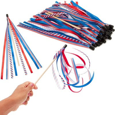 Blue Panda 24 Pack Patriotic Handheld American Flag Ribbon Wands for Election Day, 4th of July, Memorial Day