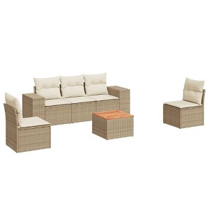 vidaXL Patio Sofa Set with Cushions Outdoor Furniture 6 Piece Poly Rattan - Beige and Cream - 1 of 4