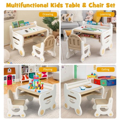 Kids Beige and White Drawing Table and Chair Set with Storage