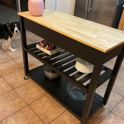 LaFayette Natural Wood Top Portable Kitchen Island in Black Finish