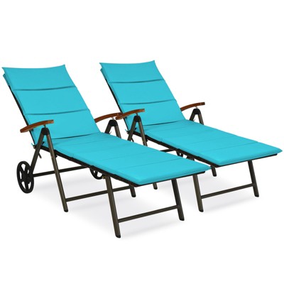 Tangkula 2PCS Folding Outdoor Rattan Chaise Lounge Chair Cushioned Recliner with Wheels& Cushions